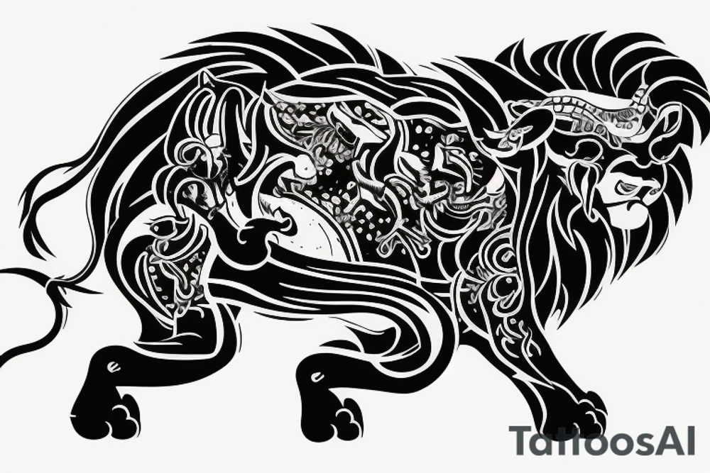 Black bull running away from a lion in a friendly way tattoo idea