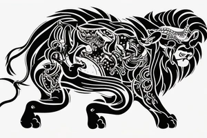 Black bull running away from a lion in a friendly way tattoo idea