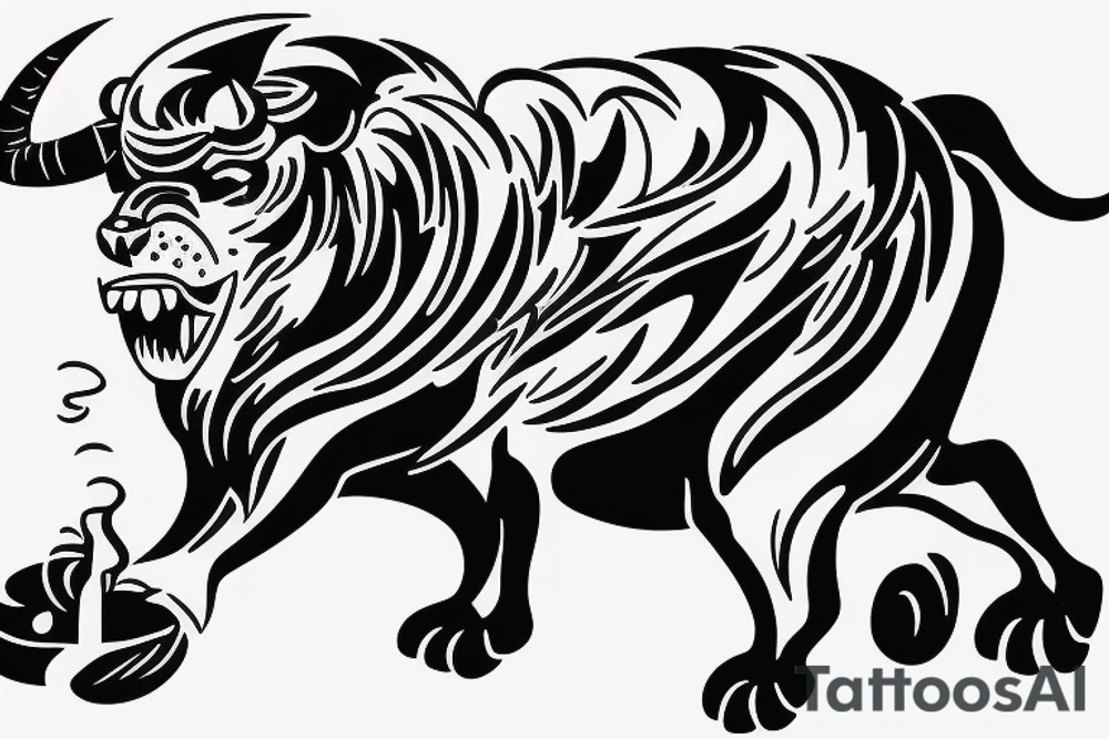 Black bull running away from a lion in a friendly way tattoo idea