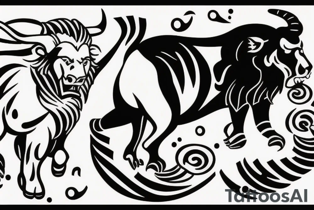 Black bull running away from a lion in a friendly way tattoo idea