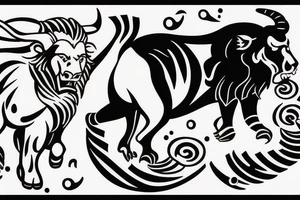 Black bull running away from a lion in a friendly way tattoo idea