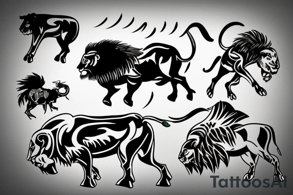 Black bull running away from a lion in a friendly way tattoo idea