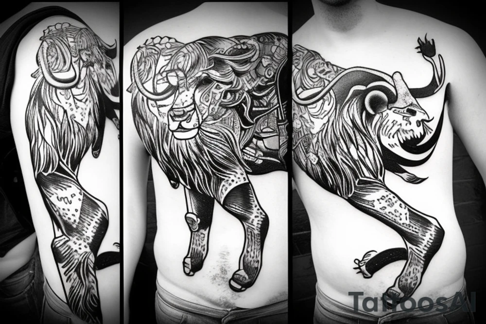 Black bull running away from a lion in a friendly way tattoo idea