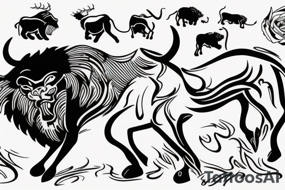 Black bull running away from a lion in a friendly way tattoo idea