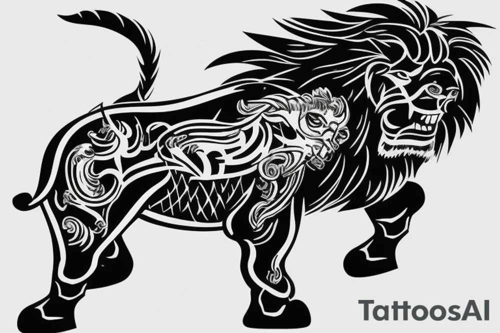 Black bull running away from a lion in a friendly way tattoo idea