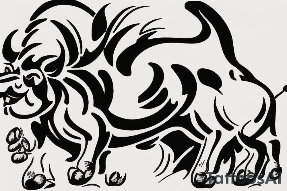 Black bull running away from a lion in a friendly way tattoo idea