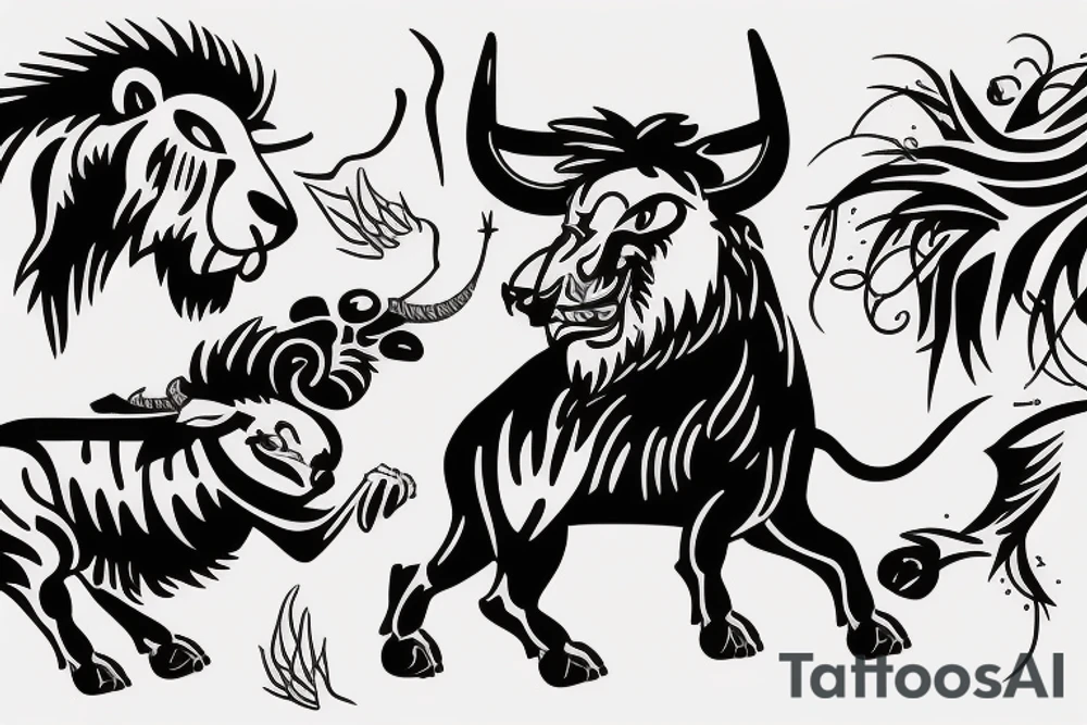 Black bull running away from a lion in a friendly way tattoo idea
