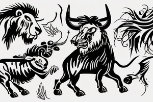 Black bull running away from a lion in a friendly way tattoo idea
