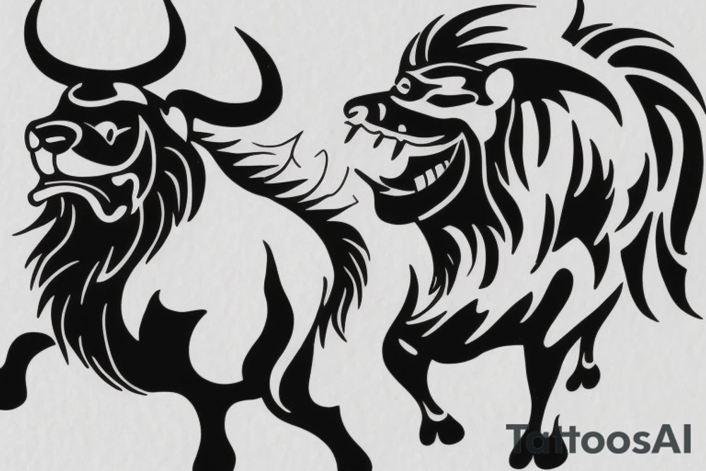 Black bull running away from a lion in a friendly way tattoo idea