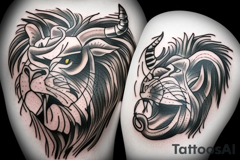 Black bull running away from a lion in a friendly way tattoo idea