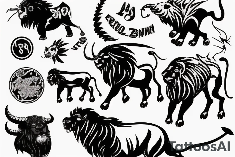 Black bull running away from a lion in a friendly way tattoo idea