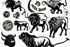 Black bull running away from a lion in a friendly way tattoo idea