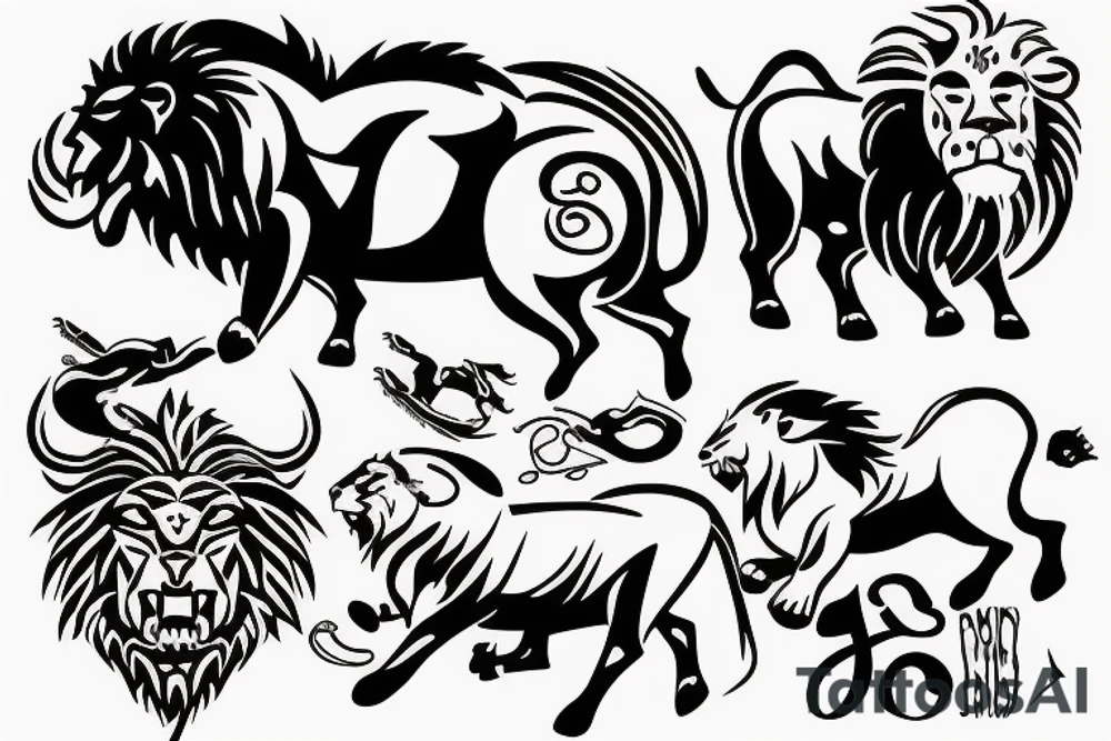 Black bull running away from a lion in a friendly way tattoo idea