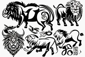 Black bull running away from a lion in a friendly way tattoo idea