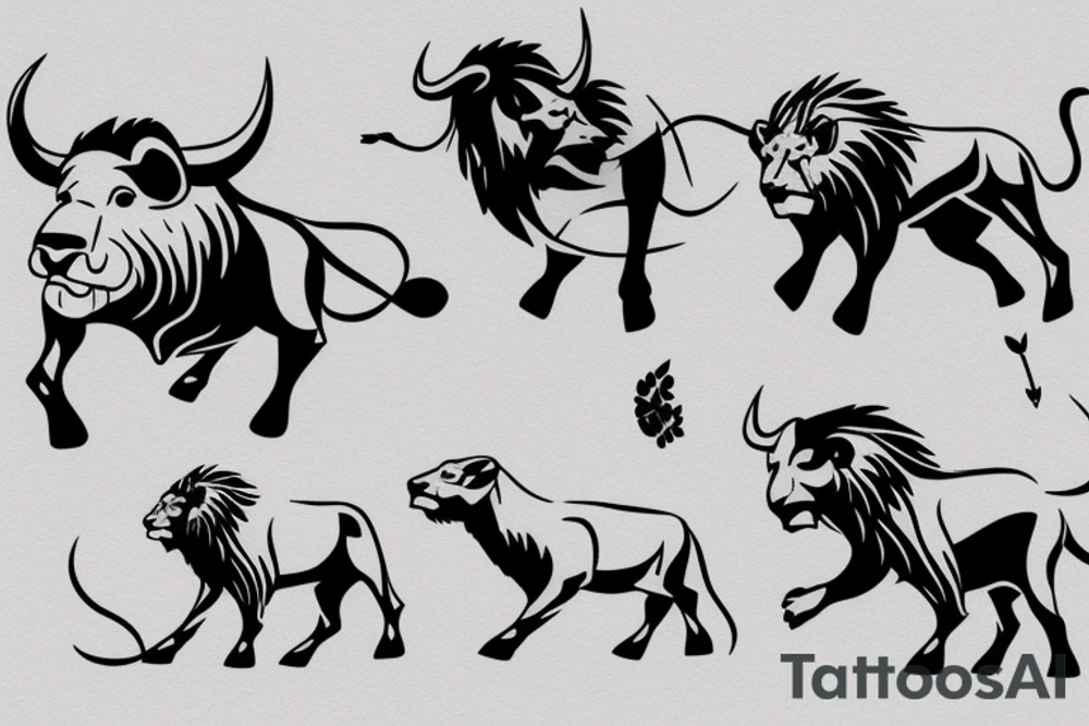 A bull running away from a lion in a loving way tattoo idea