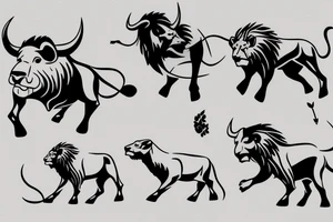 A bull running away from a lion in a loving way tattoo idea