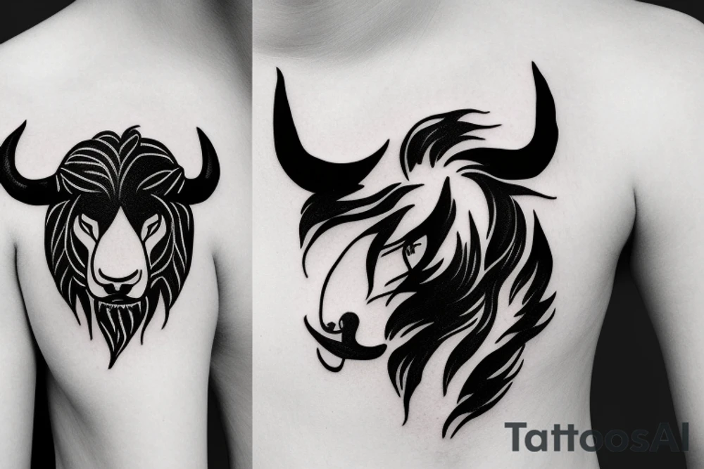 A bull running away from a lion in a loving way tattoo idea