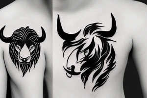 A bull running away from a lion in a loving way tattoo idea