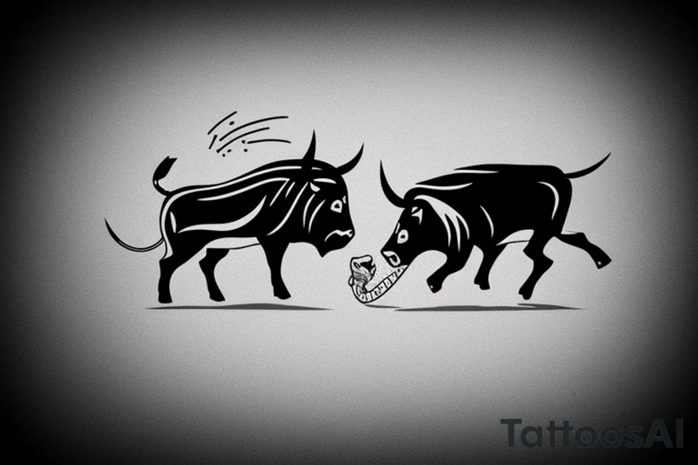 A bull running away from a lion in a loving way tattoo idea
