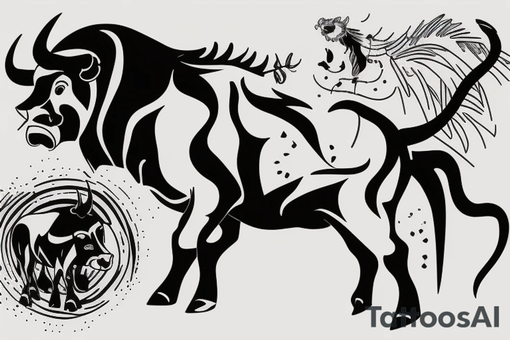 A bull running away from a lion in a loving way tattoo idea