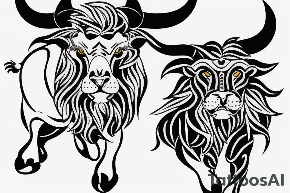 A bull running away from a lion in a loving way tattoo idea