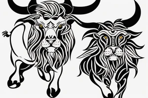 A bull running away from a lion in a loving way tattoo idea