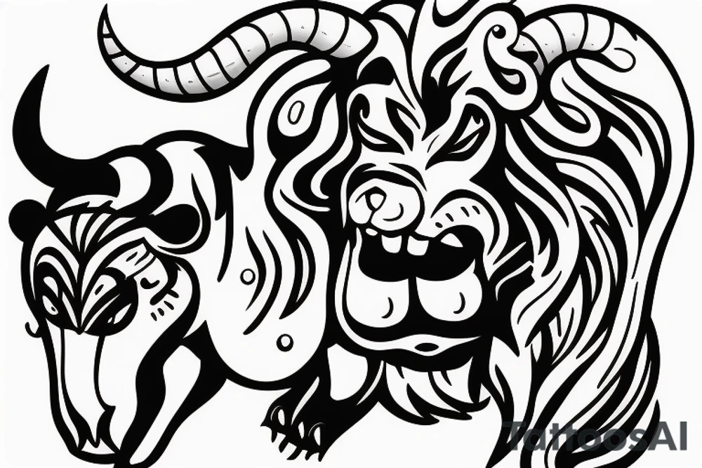 A bull running away from a lion in a loving way tattoo idea