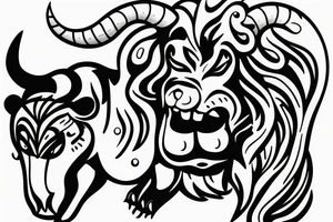 A bull running away from a lion in a loving way tattoo idea