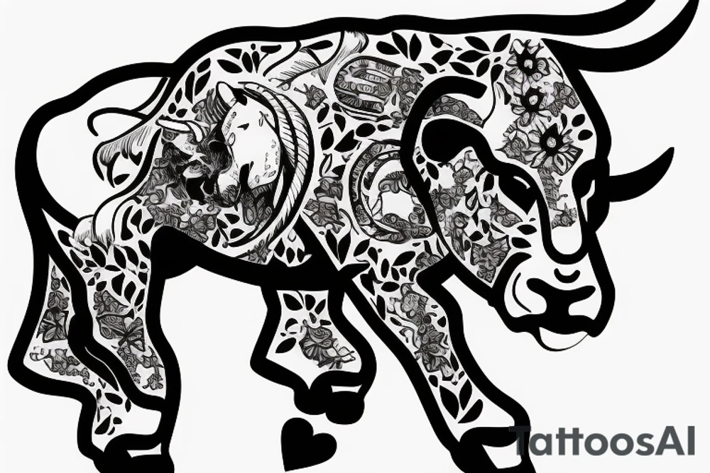 A bull running away from a lion in a loving way tattoo idea