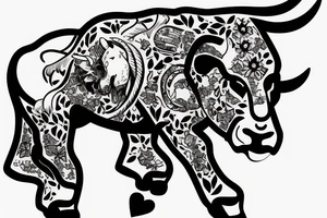 A bull running away from a lion in a loving way tattoo idea