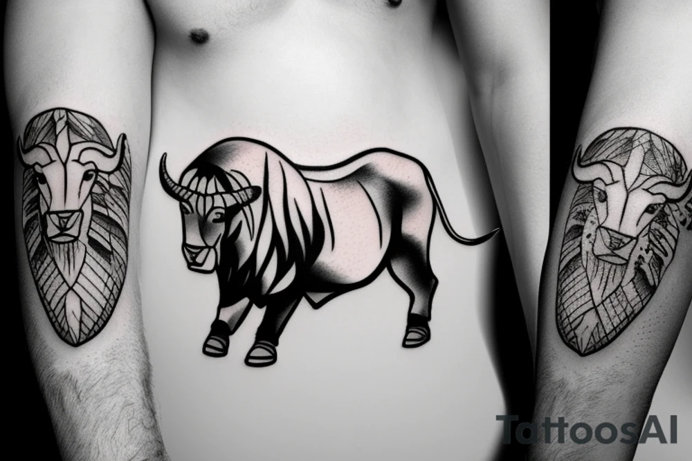 A bull running away from a lion in a loving way tattoo idea