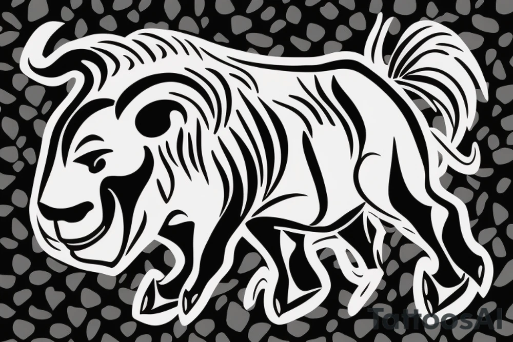 A bull running away from a lion in a loving way tattoo idea