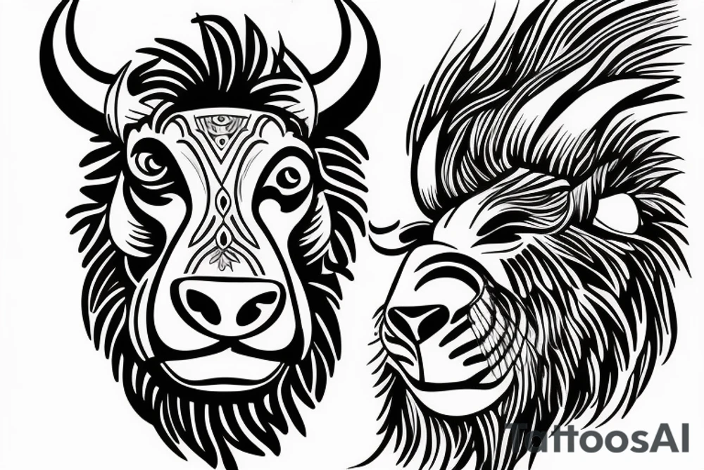A bull running away from a lion in a loving way tattoo idea