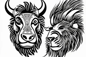 A bull running away from a lion in a loving way tattoo idea