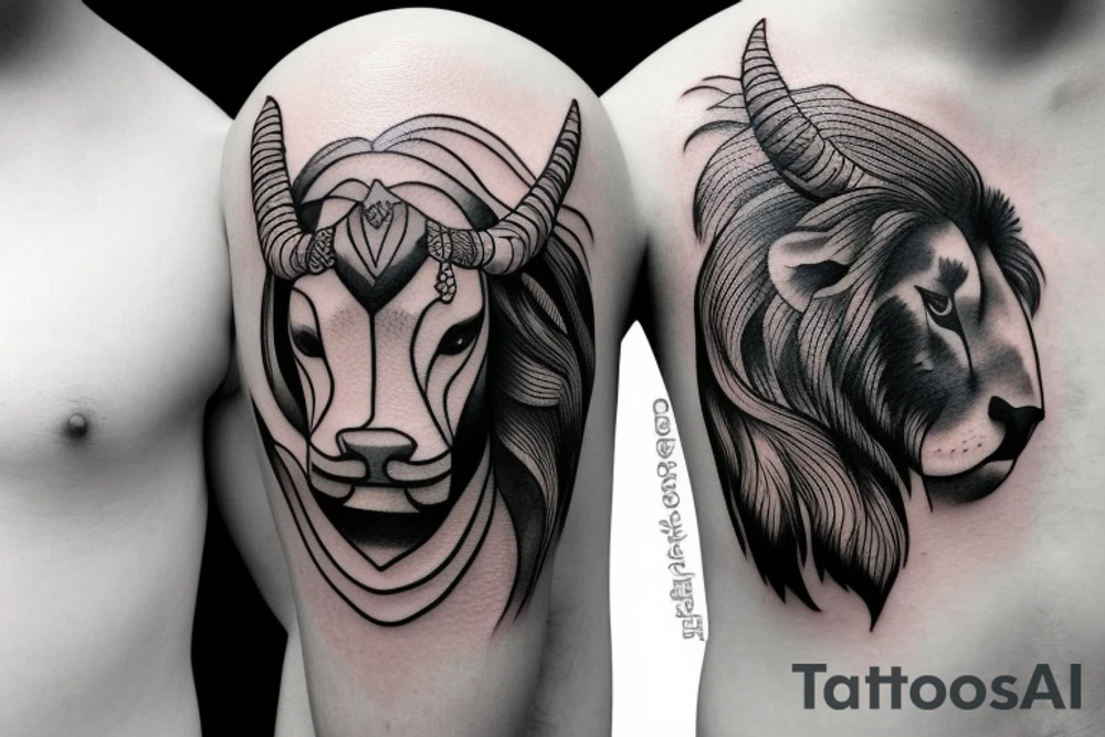 A bull running away from a lion in a loving way tattoo idea
