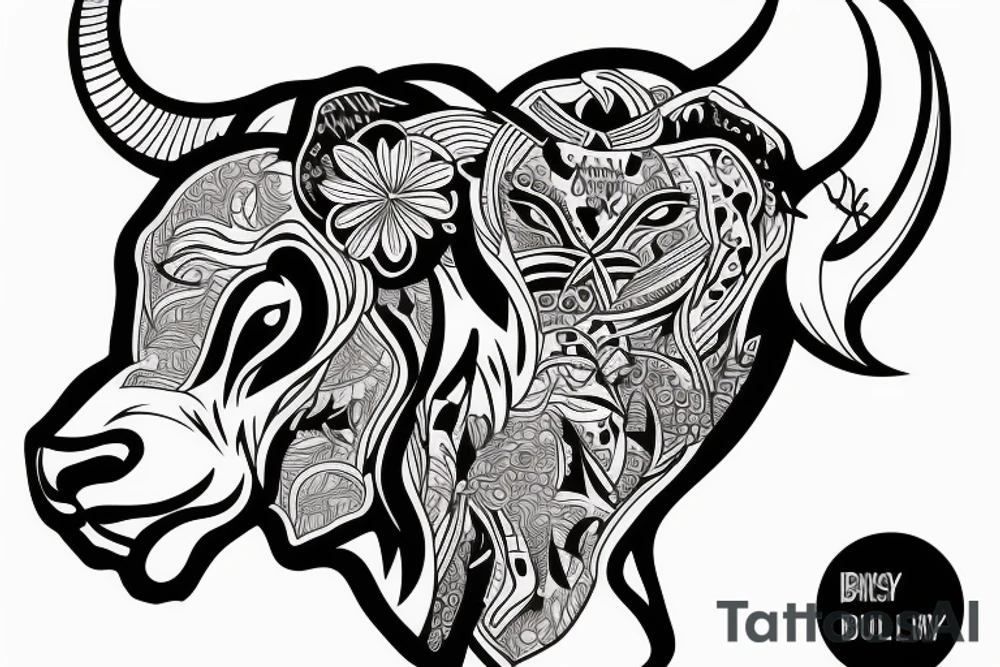 A bull running away from a lion in a loving way tattoo idea