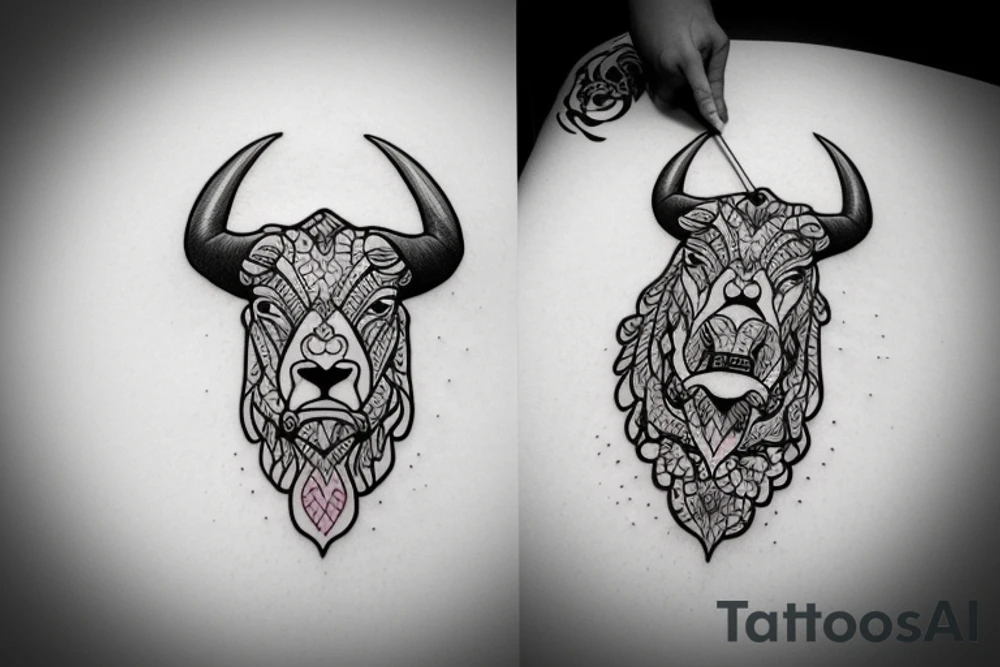 A bull running away from a lion in a loving way tattoo idea