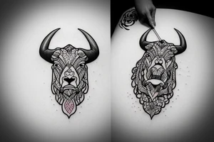 A bull running away from a lion in a loving way tattoo idea