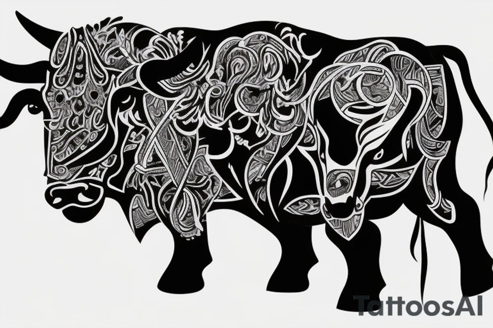 A bull running away from a lion in a loving way Taurus and Leo tattoo idea