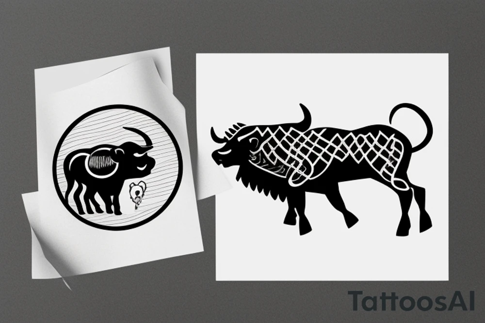A bull running away from a lion in a loving way Taurus and Leo tattoo idea
