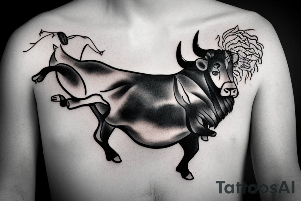 A bull running away from a lion in a loving way Taurus and Leo tattoo idea