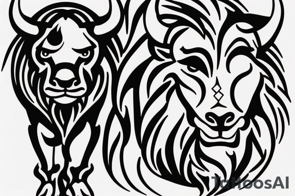 A bull running away from a lion in a loving way Taurus and Leo tattoo idea