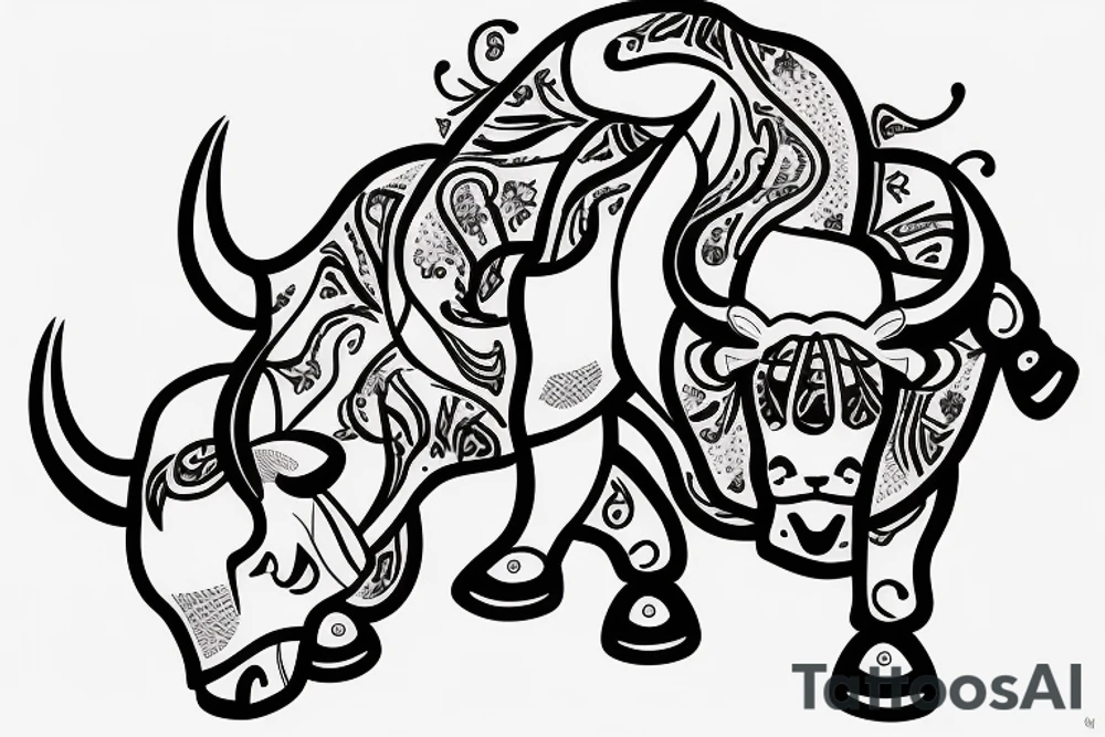 A bull running away from a lion in a loving way Taurus and Leo tattoo idea