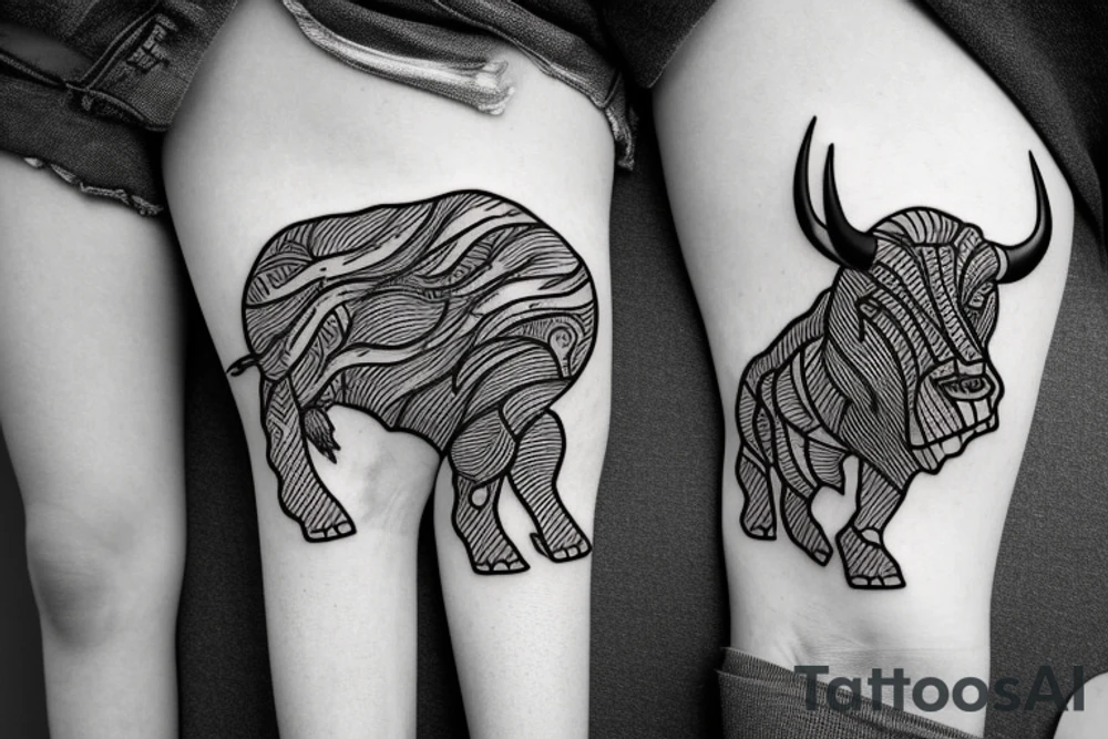 A bull running away from a lion in a loving way Taurus and Leo tattoo idea