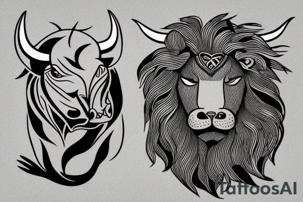 A bull running away from a lion in a loving way Taurus and Leo tattoo idea