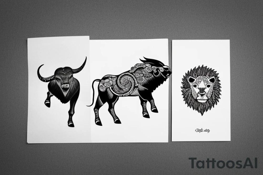 A bull running away from a lion in a loving way Taurus and Leo tattoo idea