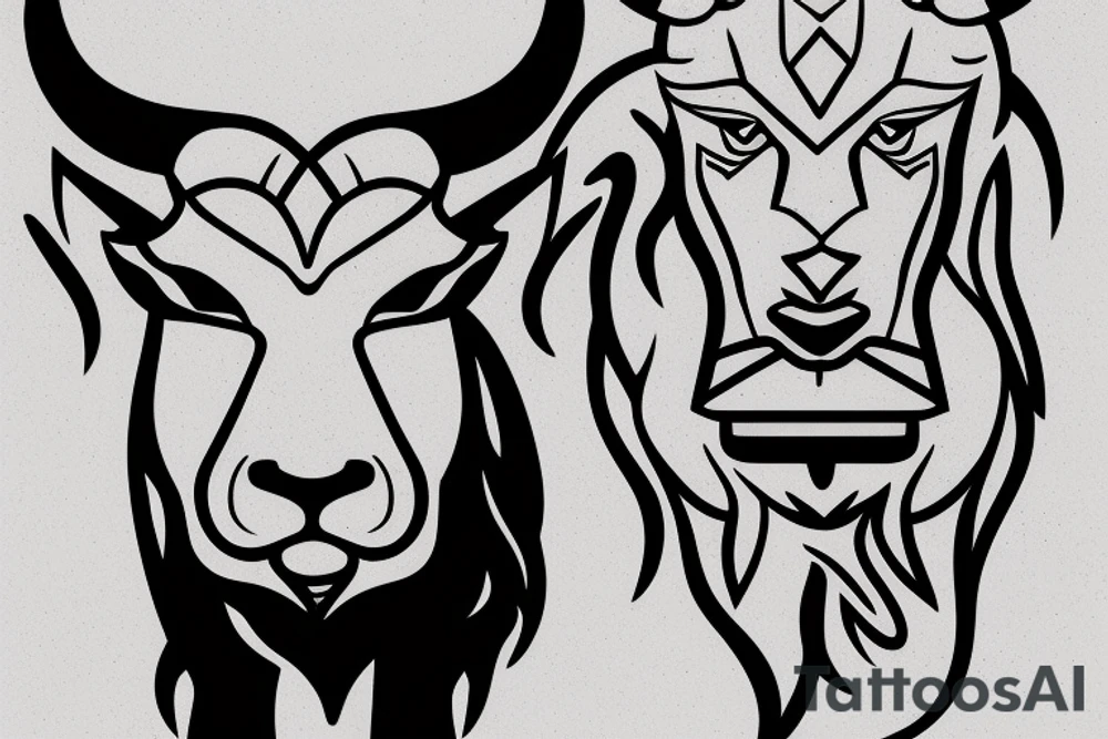 A bull running away from a lion in a loving way Taurus and Leo tattoo idea
