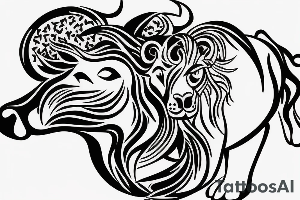 A bull running away from a lion in a loving way Taurus and Leo tattoo idea