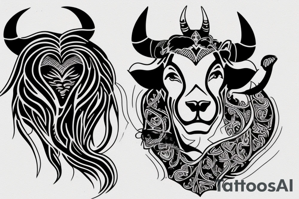 A bull running away from a lion in a loving way Taurus and Leo tattoo idea