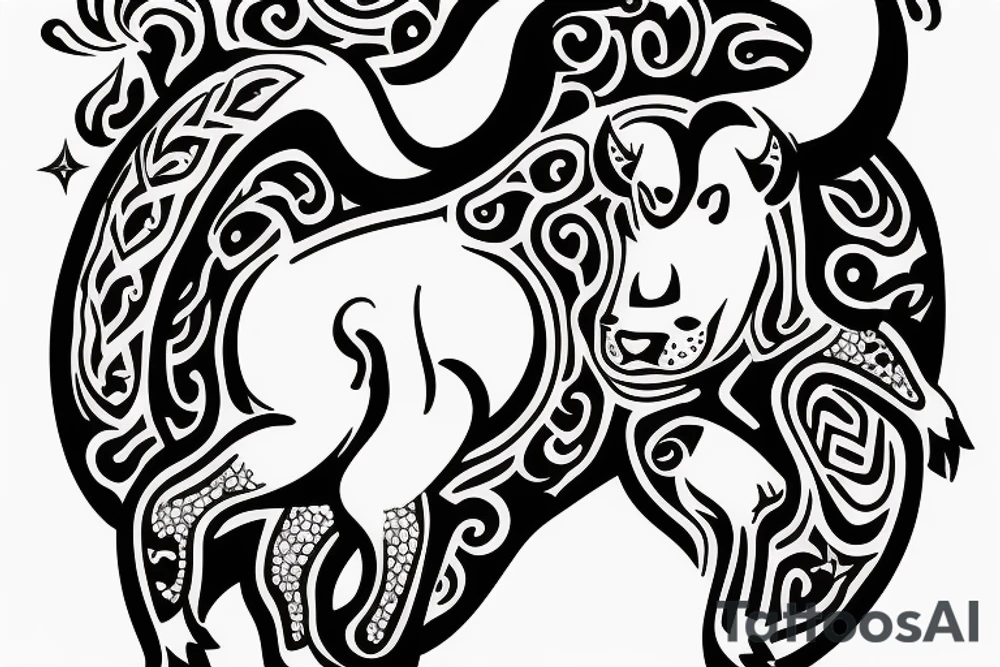 A bull running away from a lion in a loving way Taurus and Leo tattoo idea